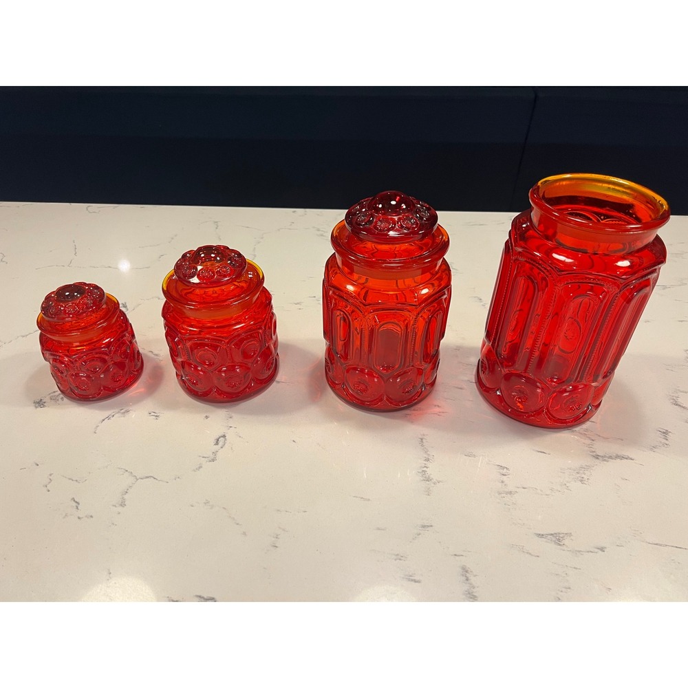 Vintage LE Smith Moon and Stars Amberina Glass Canister Set Red Orange 4 Piece